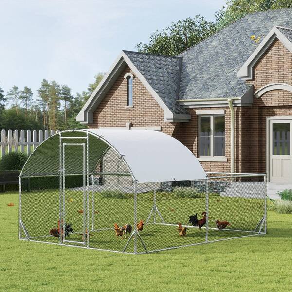 10'x3.3'x5' Metal Poultry Run With Waterproof Cover & Lockable Door