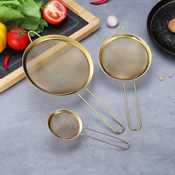 Gold Titanium Stainless Steel Fine Mesh Strainer Set Fast Draining Nonstick Sifter Food Pasta Tea 3 Piece