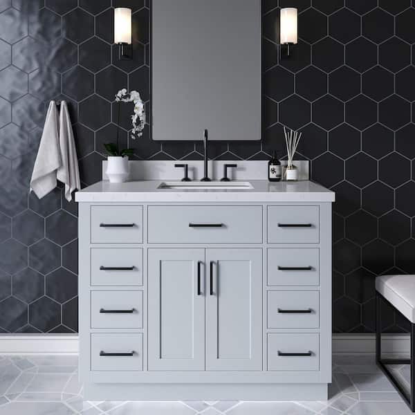 ARIEL Hepburn 42 in. W x 22 in. D x 36 in. H Single Sink Freestanding Bath Vanity in Grey with Carrara Qt. Top