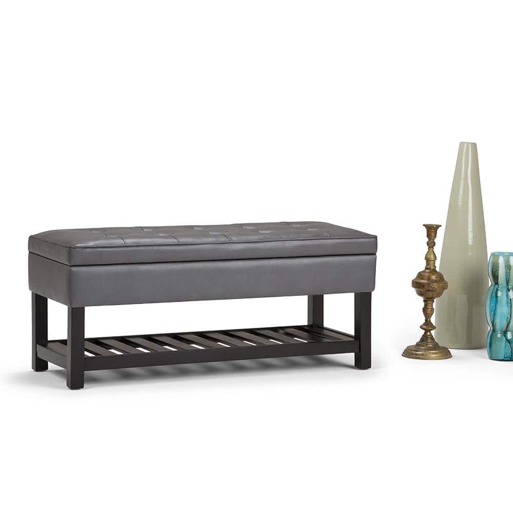 Stone Grey Tufted Faux Leather Storage Bench with Open Bottom