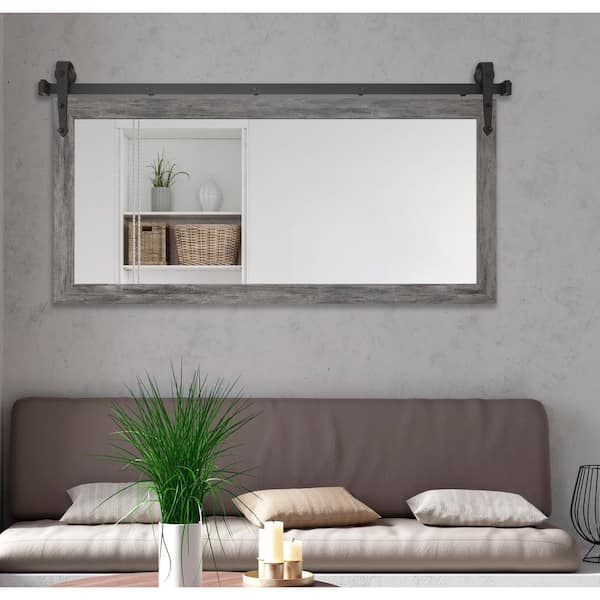(64 in. W x 31 in. H) Grey Accent Mirror with Steel Barn Door Rail