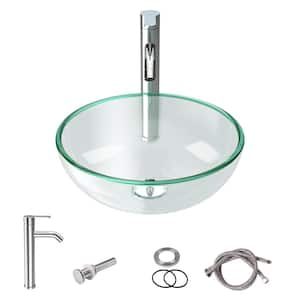 13.98 in. W x 13.98 in. D Round Bathroom Sink in Transparent Green with Faucet and Drain