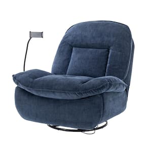 Blue Chenille Swivel Recliner with Phone Holder