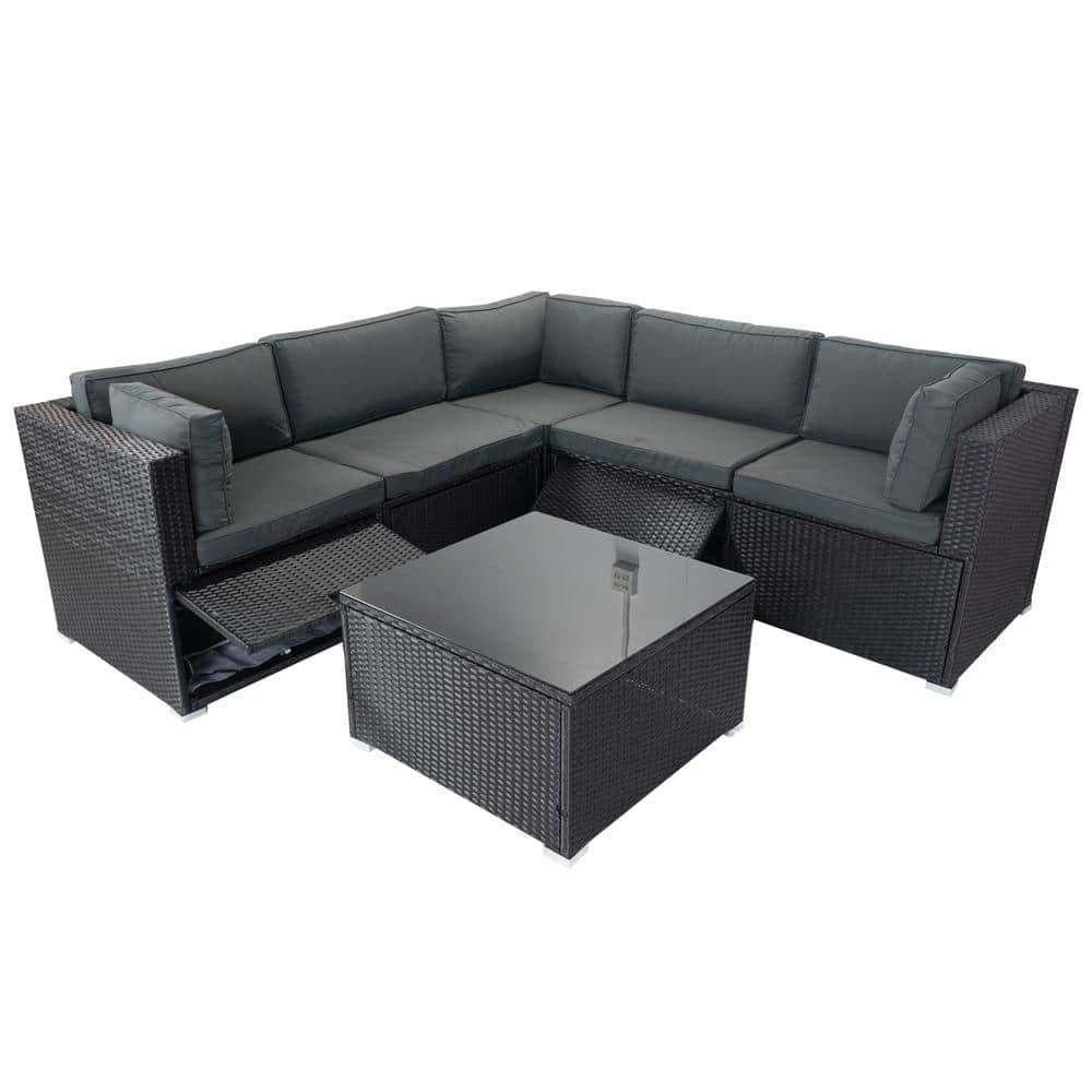 6-Pieces PE Rattan Sectional Outdoor Furniture Cushioned Sofa Set with 3-Storage Under Seat Plus Dark Gray Cushion -  Sudzendf, ZTPO12-336