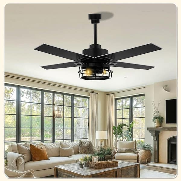52 Inch Downrod Mount Ceiling Fans with Lights and Remote, Reversible, Noiseless, 3 Wind Speeds, Black