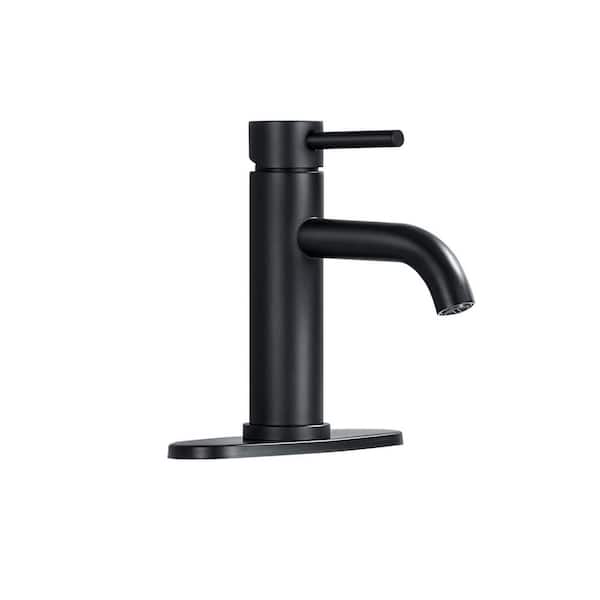7 in. H Single Handle Single Hole Stainless Steel Bathroom Faucet with Deckplate and Pop Up Drain in Matte Black
