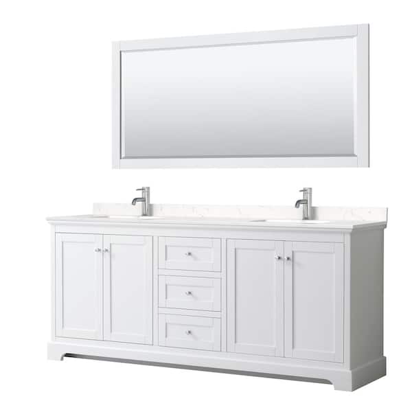 Wyndham Collection Avery 80 in. W x 22 in. D Double Vanity in White with Cultured Marble Vanity Top in Light-Vein Carrara w/ Basins& Mirror