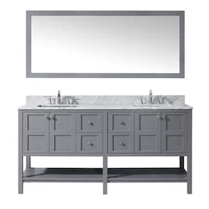 Winterfell 72 in. W Bath Vanity in Gray with Marble Vanity Top in White with Square Basin and Mirror
