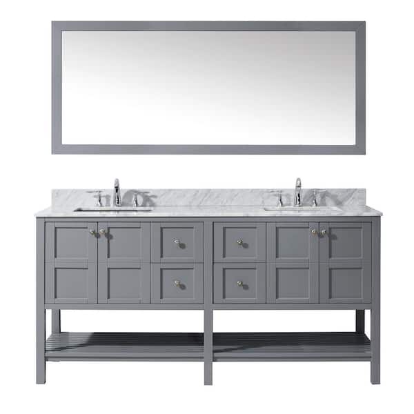 Virtu USA Winterfell 72 in. W Bath Vanity in Gray with Marble Vanity Top in White with Square Basin and Mirror