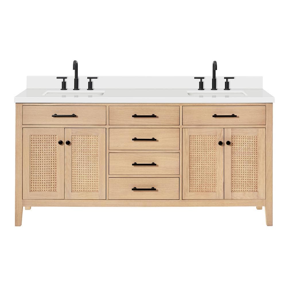 Camila 73'' Light Brown Double Sink Freestanding Vanity with White Quartz Top