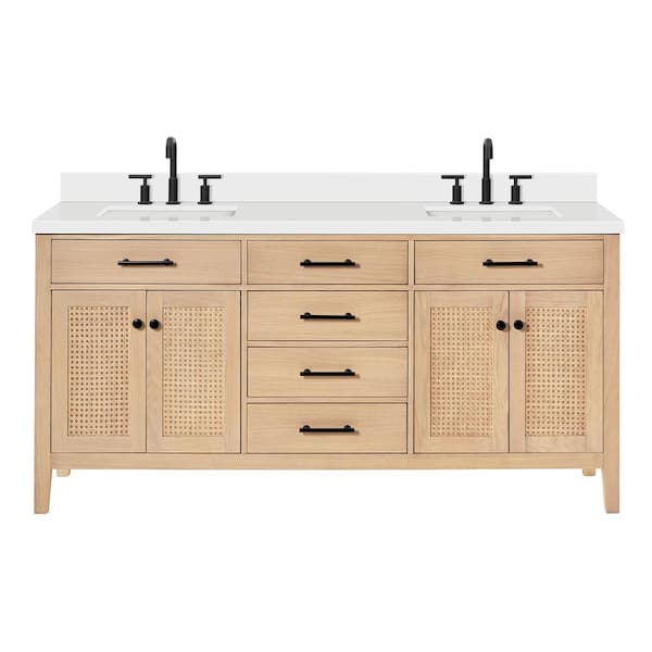 Camila 73 in. W x 22 in. D x 36 in. H Double Sink Bath Vanity in White Oak with Pure White Quartz Top