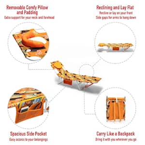 1-Piece Orange Metal Outdoor Chaise Lounge Camping Lawn Chair with Side Pocket and Removable Pillow