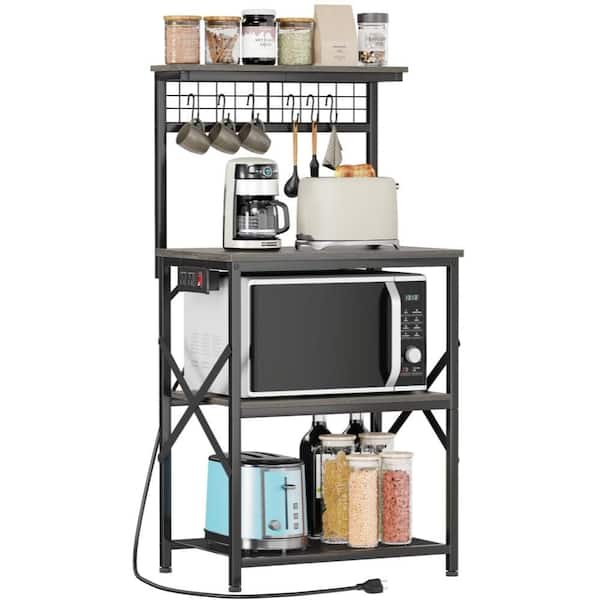 4-Tier Kitchen Bakers Rack Stand with 6 S Hooks, Power Outlet, Microwave Stand for Spices, Pots, Black and Oak