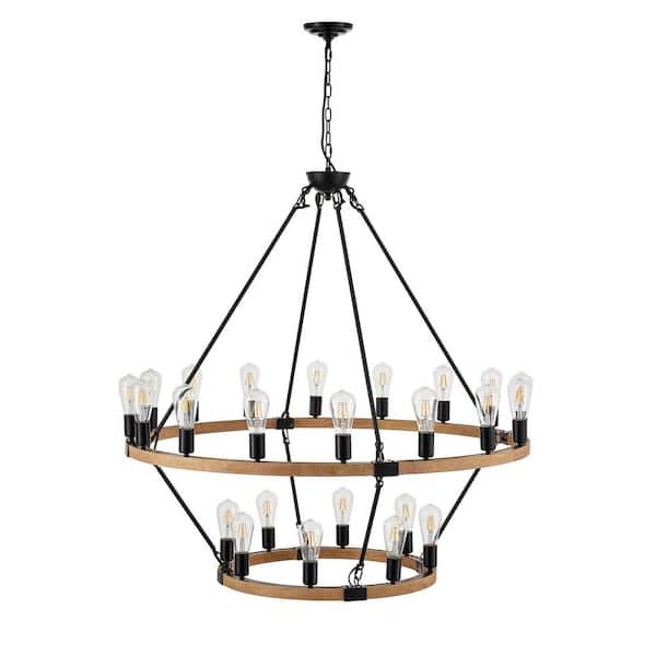 Farmhouse 24-Light Wood 2 Tiers Large Wagon Wheel Loft Retro Round Chandelier for Living Room with No Bulbs Included