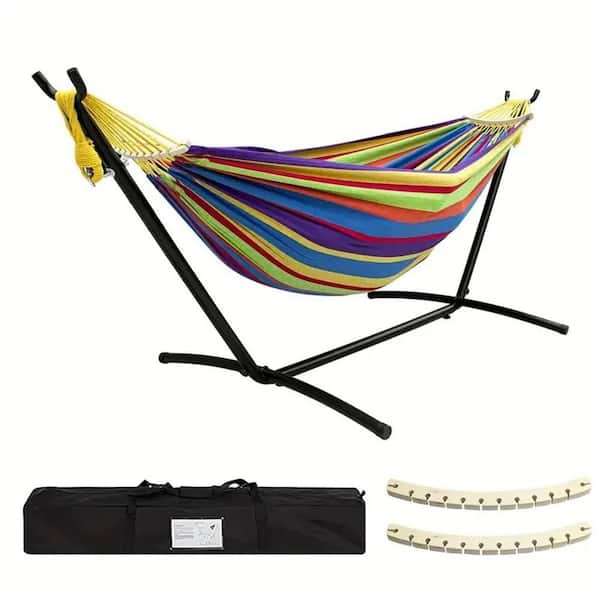 Oyezvary 8.86 ft. Fabric Hammock with Steel Stand, 450lb Capacity Anti-Sway Balance Beams and Carry Bag for Outdoor Multi-Colored