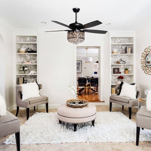 Berkshire 52 in. Crystal Downrod Mount Black Ceiling Fan With Light Kit and Remote Control