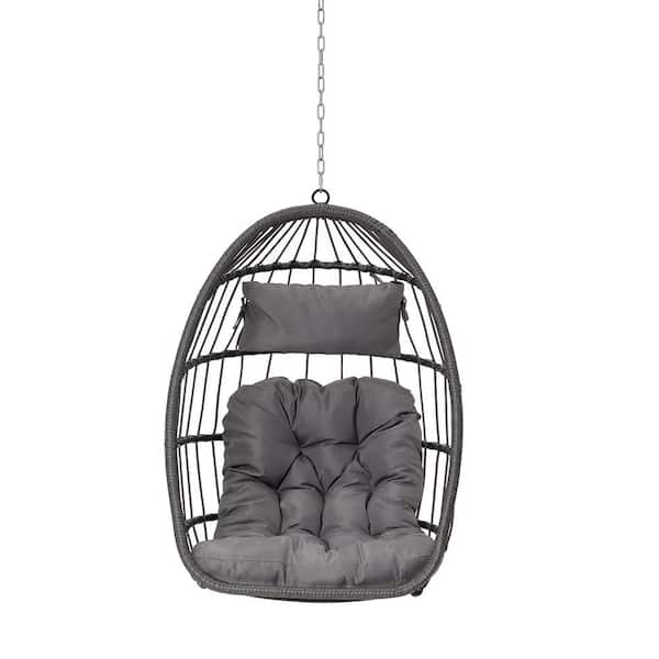 Sudzendf Modern Outdoor Garden Wood Rattan Egg Swing Chair Hanging Chair Porch Swing with Light Gray Cushion