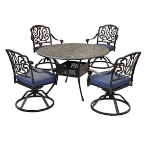 Dark Gold 5-Piece Cast Aluminum Round 48 in. D Outdoor Dining Set with Swivel Chair with Light Blue Cushion