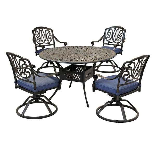 Mondawe Dark Gold 5-Piece Cast Aluminum Round 48 in. D Outdoor Dining Set with Swivel Chair with Light Blue Cushion