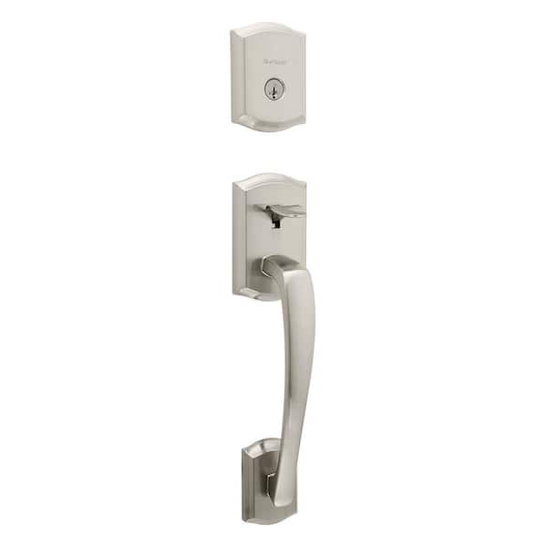 Prescott Satin Nickel Single Cylinder Entry Door Handleset with Tustin Handle Featuring SmartKey Security