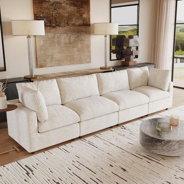 Modular 134 in. Square Arm Chenille L-Shaped Sofa 4 Seater Cloud Couch with Detachable Covers for Office in. Beige