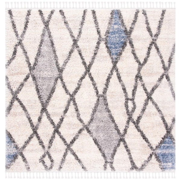 Berber Fringe Shag Cream/Blue 7 ft. x 7 ft. Square Diamond Geometric Abstract Area Rug