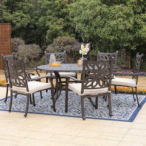 Brown 7-Piece Cast Aluminum Patio Outdoor Dining Set with Round Table and Arm Chairs with Beige Cushion