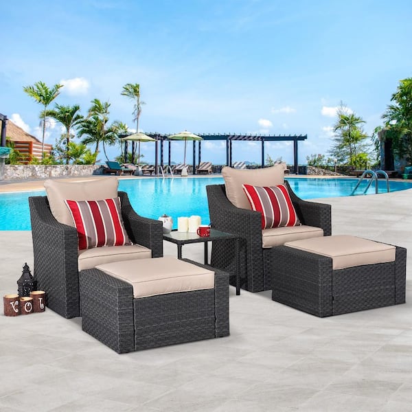 Cesicia Patio Black 4-Piece Wicker Outdoor Chaise Lounge with Khaki Cushions