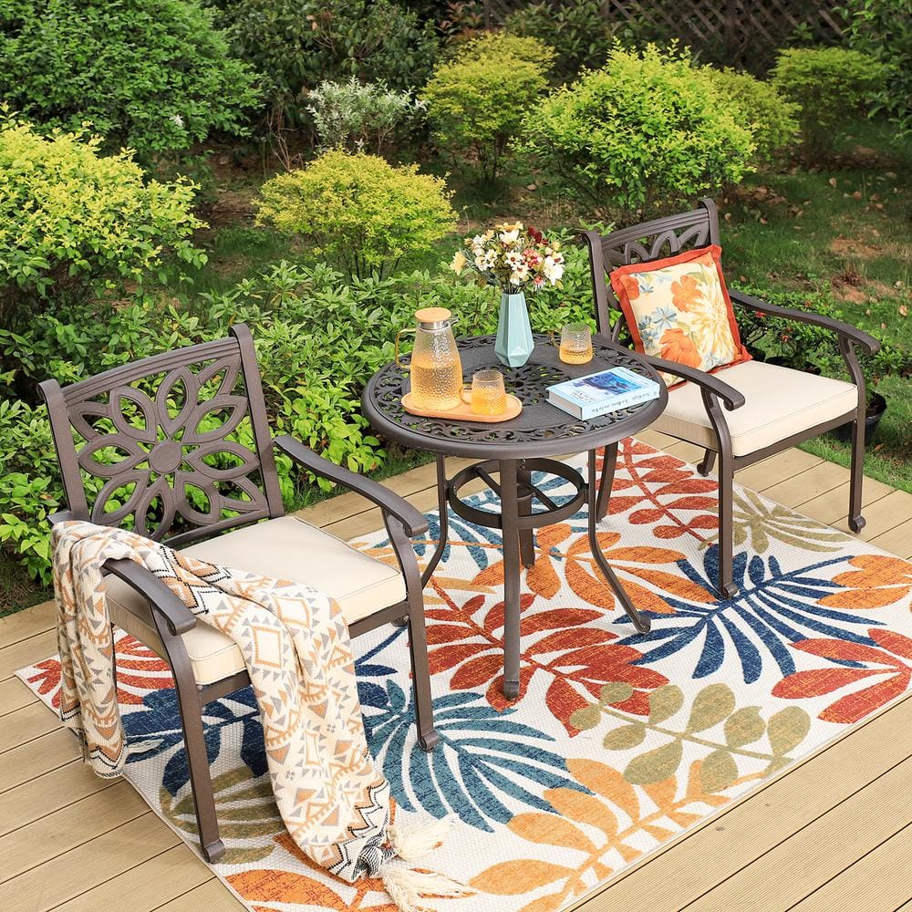 Brown 3-Piece Cast Aluminum Outdoor Dining Set with Round Table and Fixed Chairs with Beige Cushions price history on PriceWatchPro