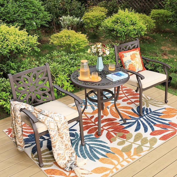 Brown 3-Piece Cast Aluminum Outdoor Dining Set with Round Table and Fixed Chairs with Beige Cushions