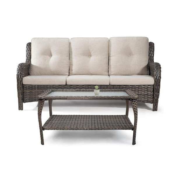 Sudzendf 2-Piece Rattan Wicker Outdoor Patio Conversation Sectional Sofa with Beige Cushions and Coffee Table