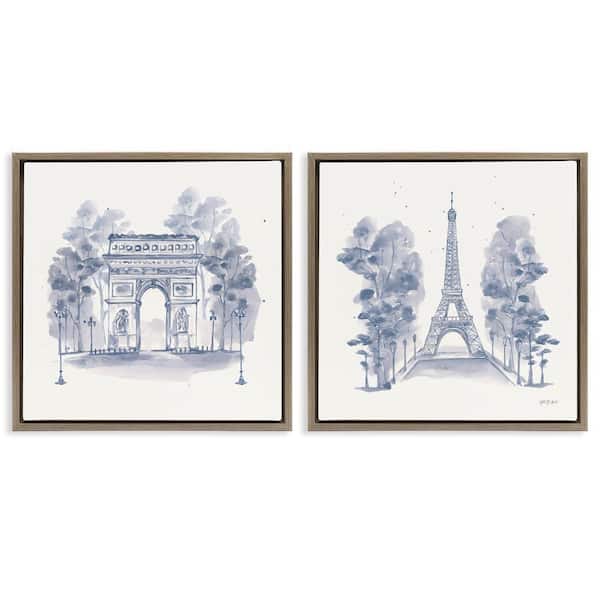 Stupell Industries French Landmarks in Blue by Yvette St. Amant 2-Pieces Brown Floater Frame Architecture Graphic Art Print 18 in. x 18 in.