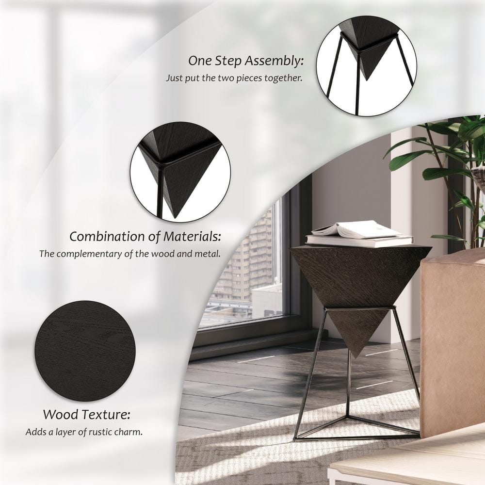 Modern 15.55 in. Black Triangle Wood End Table with Wooden Top and Metal Base