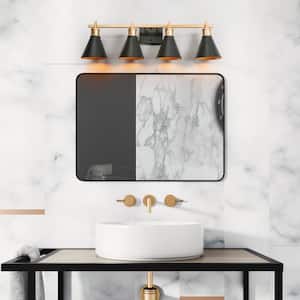 30.5 in. Modern 4-Light Black Bathroom Vanity Light, Cone Shape Bath Lighting Brass Gold Wall Sconce