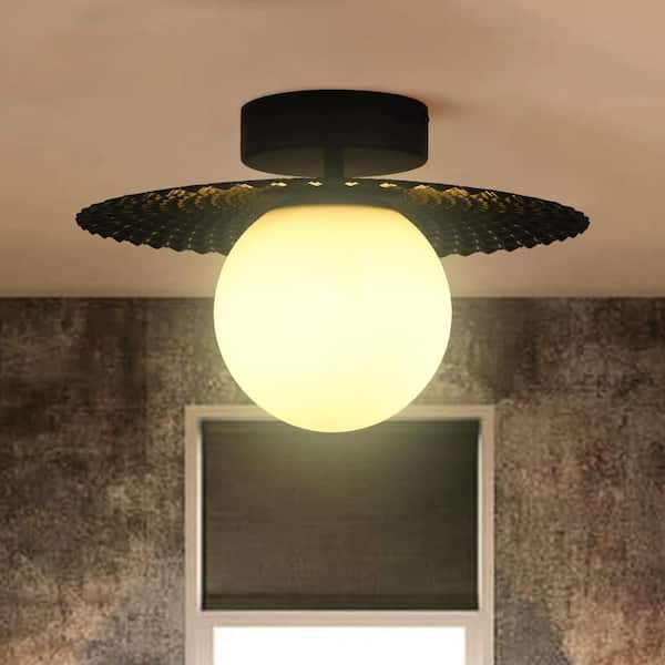 PAKOKULA 1-Light Black Diffuser Semi-Flush Mount Ceiling Light with Metal Pleated Shade and White Glass Shade