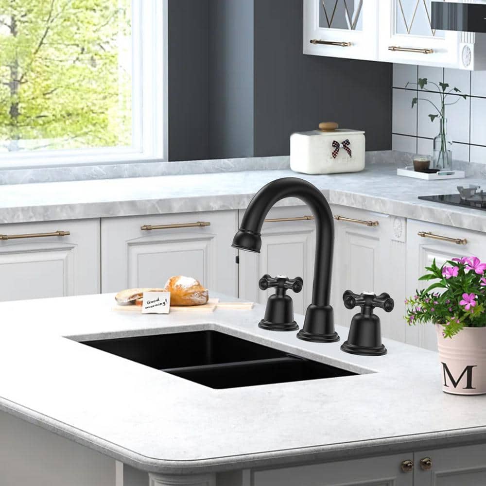 Widespread Bathroom Faucet with Drain Kit Included in Matte Black