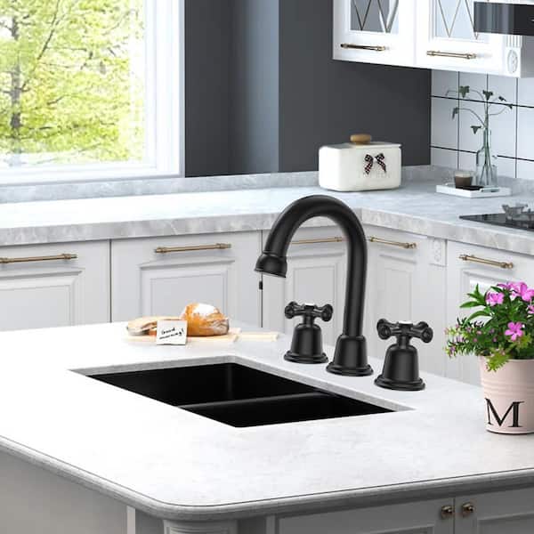 stufurhome Widespread Bathroom Faucet with Drain Kit Included in Matte Black