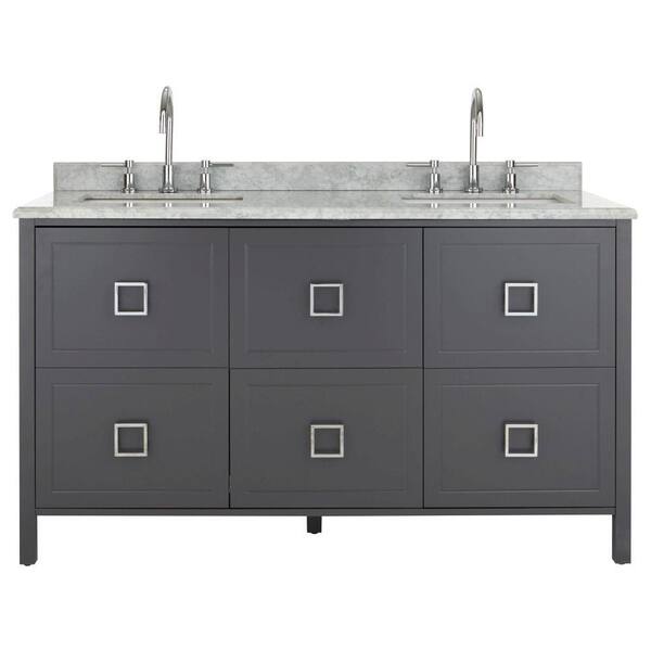 Home Decorators Collection Drexel 60 in. W Vanity in Charcoal with Natural Marble Vanity Top in Natural with White Sinks