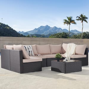 7-Piece Brown Wicker Patio Conversation Sofa Set - Outdoor Sectional Seating Set