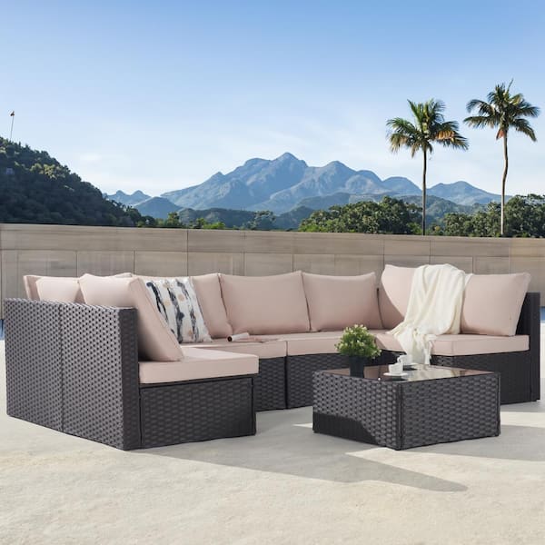 BFB 7-Piece Brown Wicker Patio Conversation Sofa Set - Outdoor Sectional Seating Set