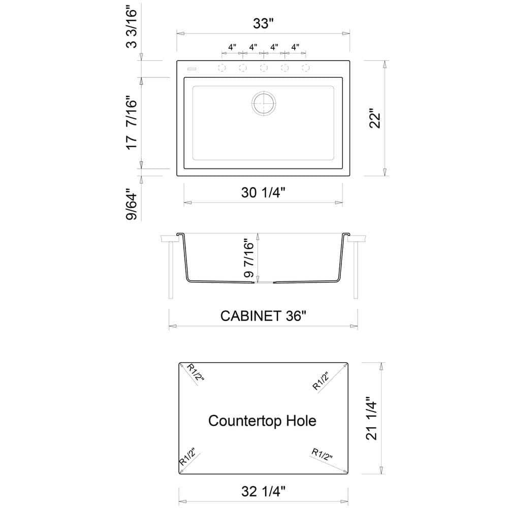 33'' Black Granite Single Bowl Drop-In Kitchen Sink