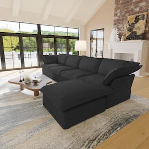 162. Flared Arm Linen 5-Piece L Shaped Modular Free Combination Sectional Sofa with Ottomans in Black