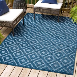 Portmany Neutral Diamond Trellis Navy 8 ft. x 10 ft. Indoor/Outdoor Area Rug