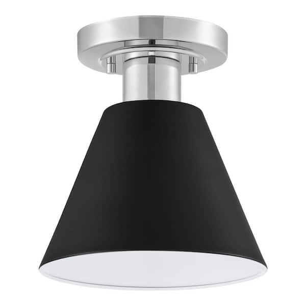 Hampton Bay Finley 8 in. 1-Light Black and Chrome Semi-Flush Mount Ceiling Light Fixture with Metal Shade