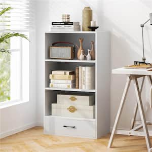 48 in. White Engineered Wood Display Bookshelf Storage Organizer with Shelves and Drawer 4-Tier Bookcase