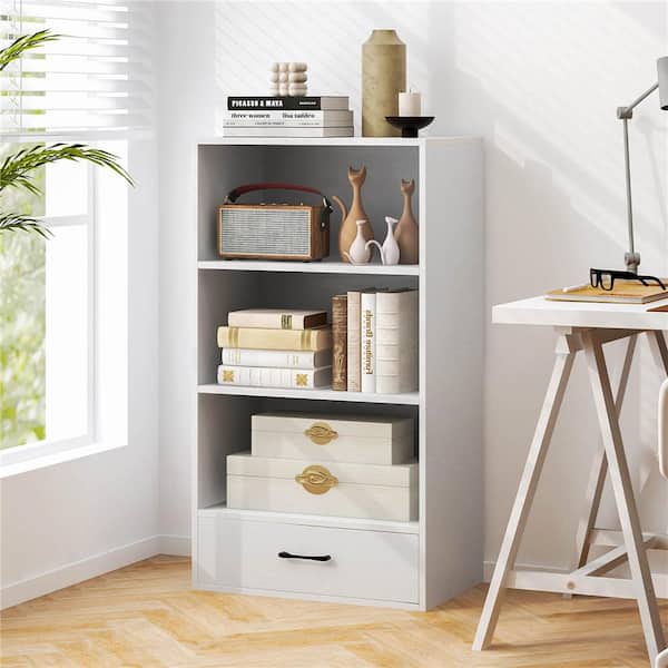 48 in. White Engineered Wood Display Bookshelf Storage Organizer with Shelves and Drawer 4-Tier Bookcase