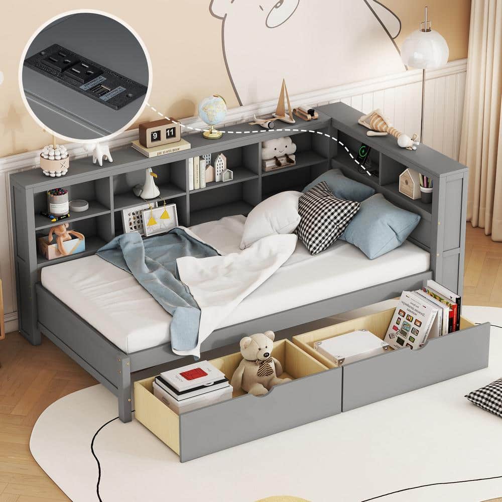 Gray Wood Frame Twin Size Daybed with 2-Spacious Drawers, Storage Shelf, USB Ports and Sockets price history on PriceWatchPro