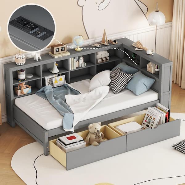 Harper & Bright Designs Gray Wood Frame Twin Size Daybed with 2-Spacious Drawers, Storage Shelf, USB Ports and Sockets