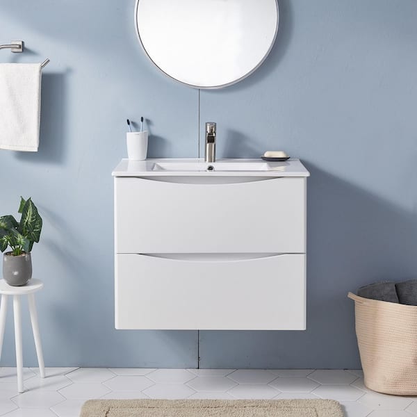 Pvillez 30 inch Bathroom Vanity with Sink Combo, Wall Mounted Bathroom  Vanity Set with White Glossy Ceramic Basin & Adjust Open Shelf, Modern  Floating