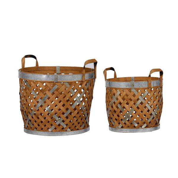 A & B Home Round Wooden Woven Baskets Natural/Silver (Set of 2)